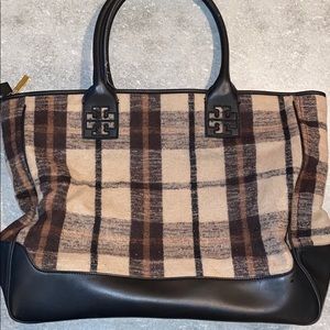 Tory Burch Plaid Wool and Leather Tote